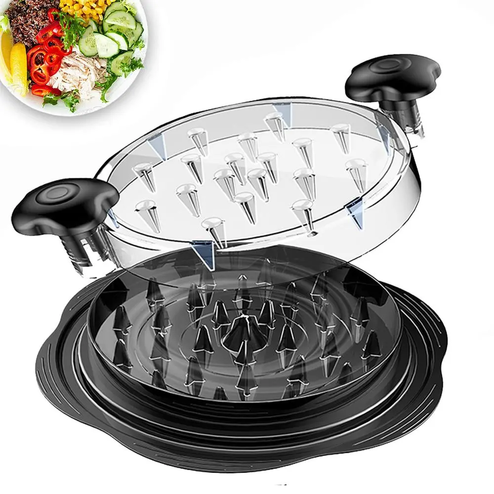 Hand twist shredder for chicken breasts (large load), fully transparent meat shredding unit, solid reinforced non-slip foot pads, curved streamlined polished easy-grip handle, food-grade BPA-free for preparing pork, beef, and lamb.