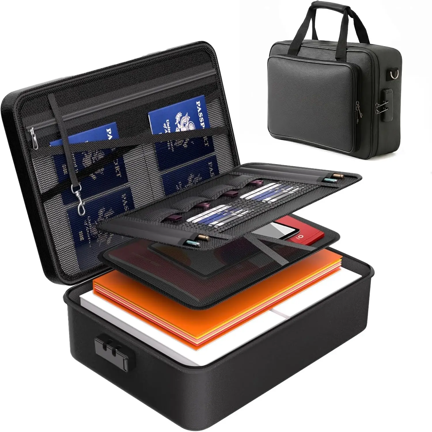 Fireproof and lockable document organizer with 5500°F heat-resistant and waterproof combination lock, portable black design, suitable for home, office, and travel use. Can store passports, cash, documents, and laptops. Multiple slots for large capacity.