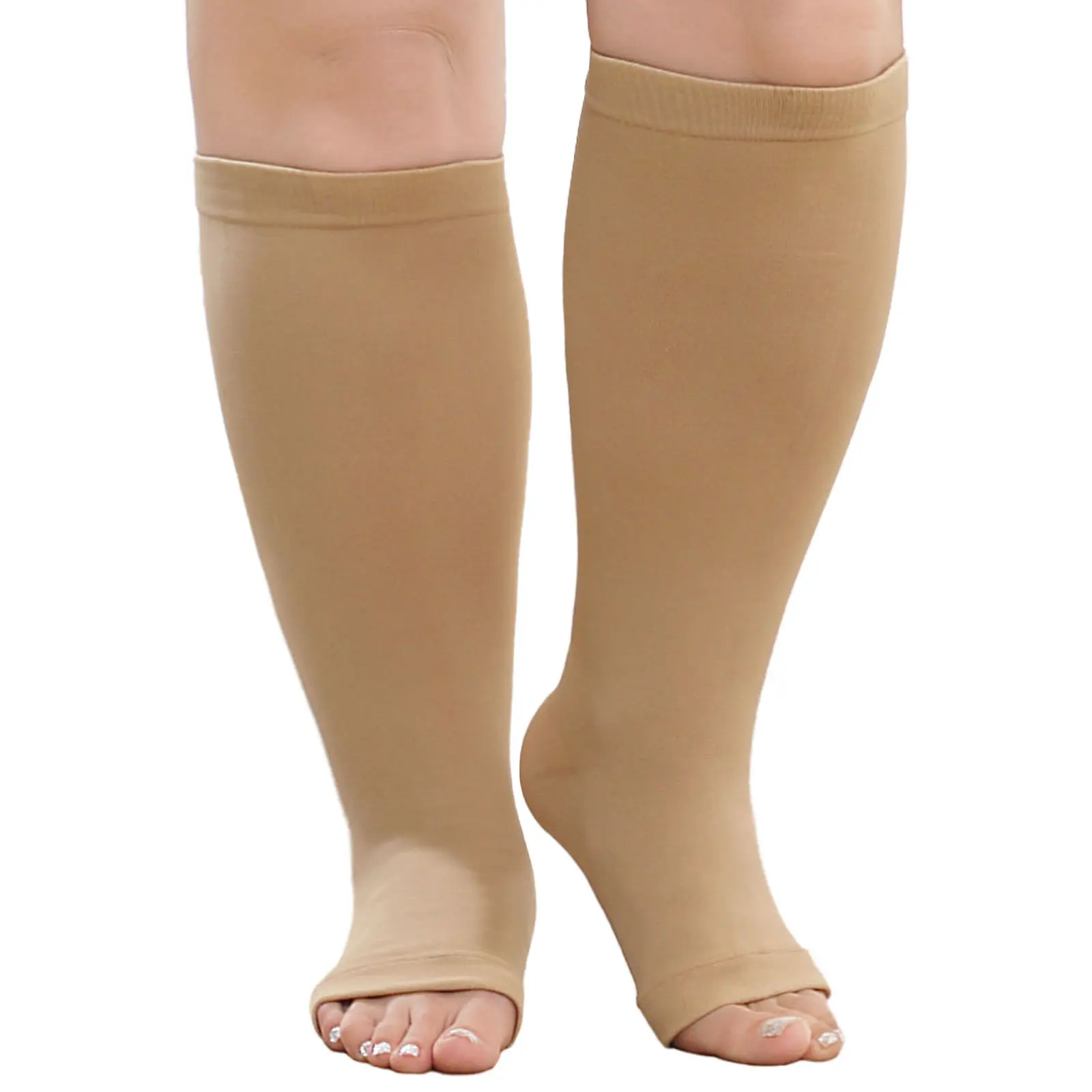 Women's & Men's 2-Pairs Knee-High Open-Toe Compression Stockings, 20-30mmHg Graduated Support, Anti-Fatigue for Athletic Recovery & Indoor Home Health Care, Plus Size 7XL Calf, Do Not Iron