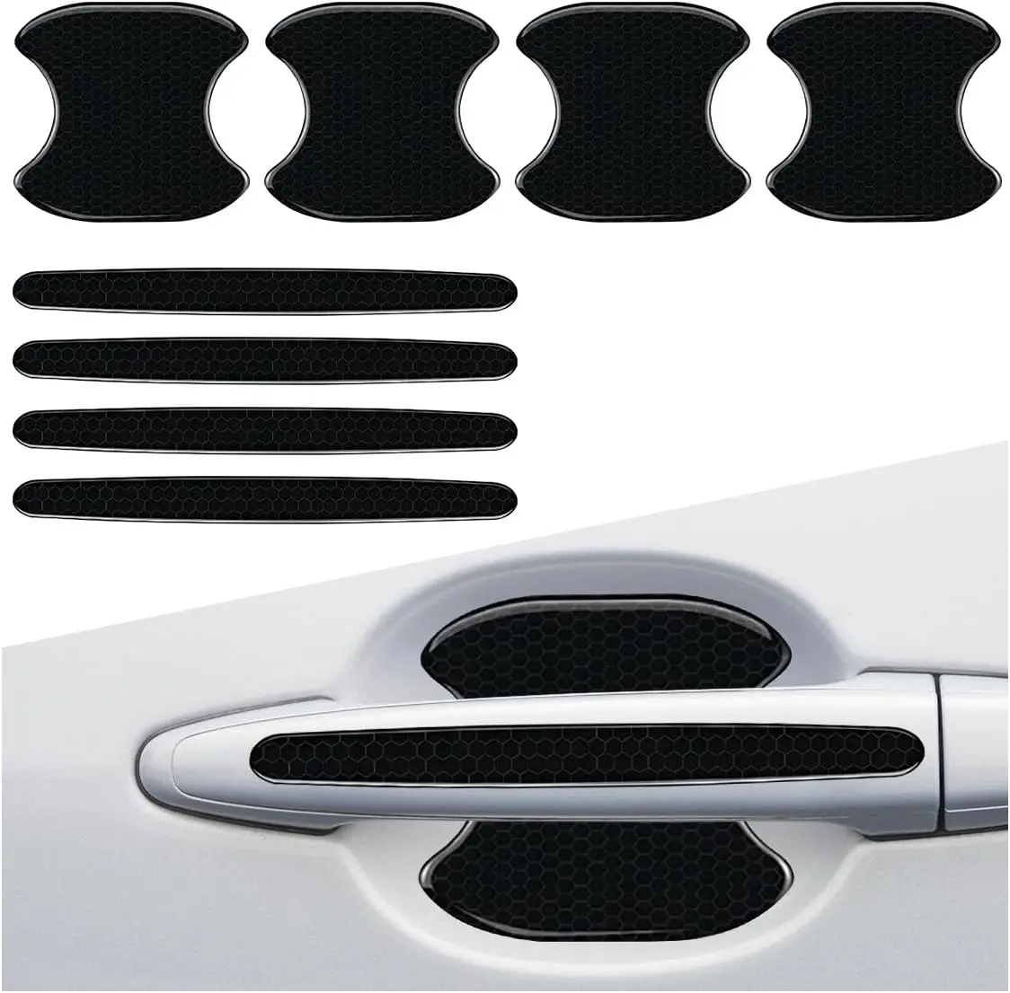 Car Door Handle Scratch Protector, 8PCS Reflective Carbon Fiber Film Car Door Handle Protector, Self-Adhesive Anti-Scratch Guard, Universal Fit for For Honda /Civic /Toyota / Kia /Sorento /4Runner /Camry /Hyundai /Mazda/Nissan