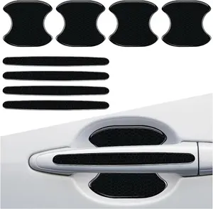 Car Door Handle Scratch Protector, 8PCS Reflective Carbon Fiber Film Car Door Handle Protector, Self-Adhesive Anti-Scratch Guard, Universal Fit for Cars, Trucks, RVs, Automotive Bowl Sticker (Black)