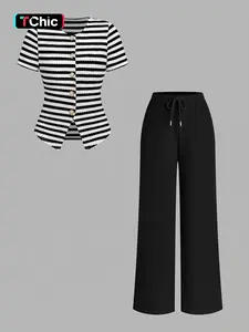 2 Piece Women Crew Neck Striped Single Breasted Waist-Cinched Top & Elastic Waist Wide Leg Pants Set, Casual Everyday Versatile Commuter Set, Fit
