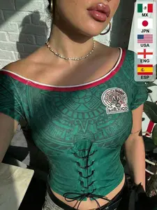 Top Crop de Malla Estilo Mexicano para Mujer - Playera Casual con Cuello Asimétrico Cruzado, Moda Blokecore de Primavera Verano