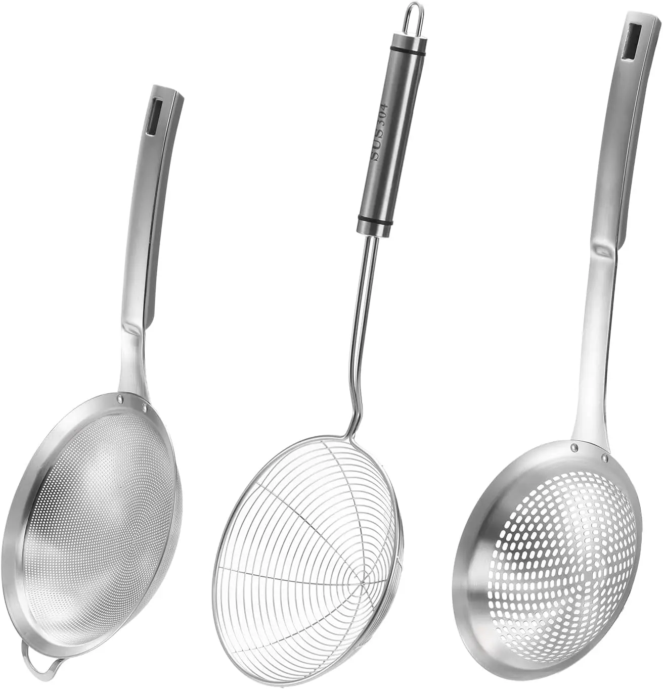 3 Pcs Spider Strainer Skimmer Spoon Set, Fine Mesh Stainless Steel Sieve Food Strainers, Large Hole Slotted Colander Frying Spoons, Strainer Ladle Wire Skimmer Spoon with Handle for Kitchen