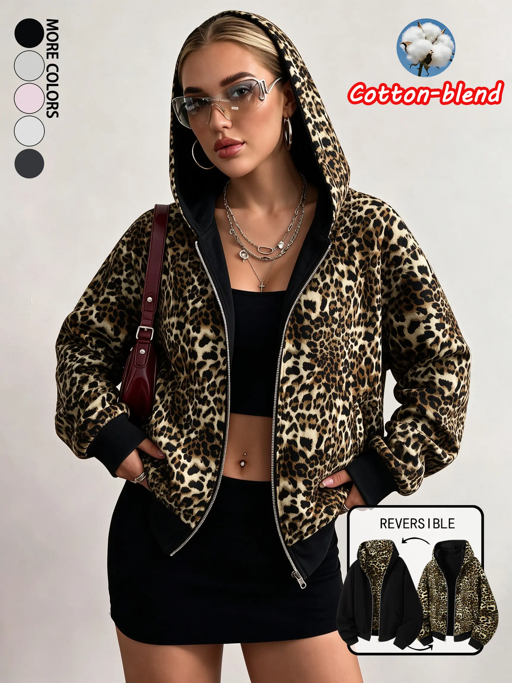 Women’s cotton-blend leopard print hooded sweatshirt, couples’ style double-sided loose zip-up athletic hoodie, hot-girl casual top suitable for everyday wear