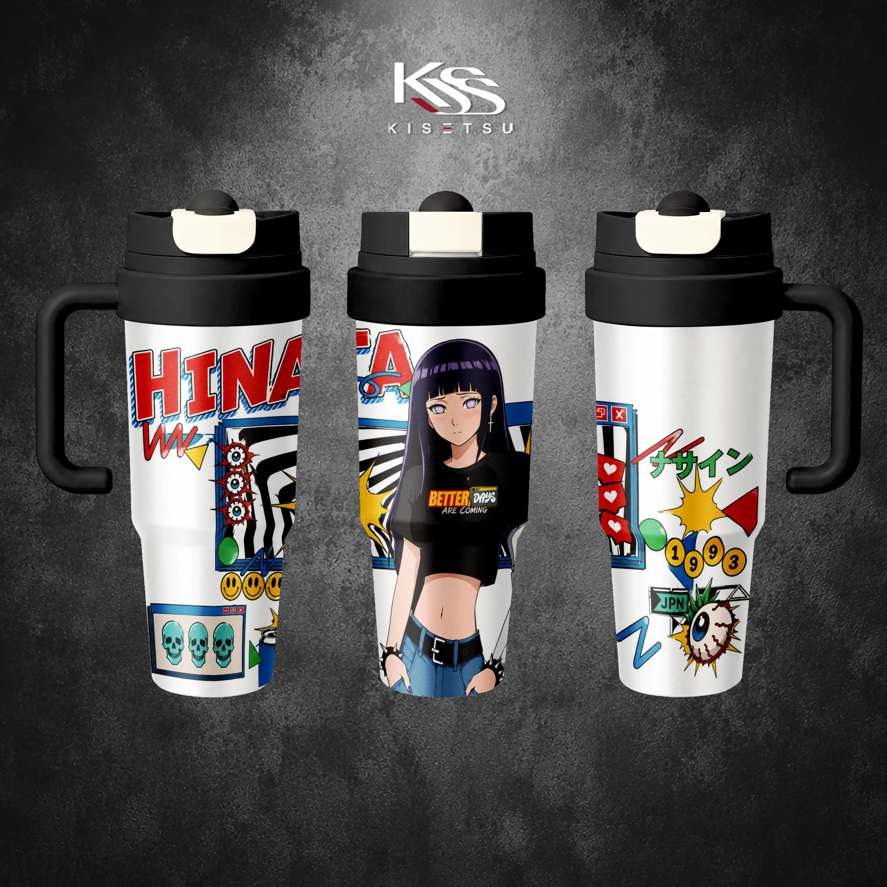 Hinata Hyuga 17oz 30oz Insulated Tumbler Water Bottles, Naruto Anime Stainless Steel Travel Cup with Carry Strap, Built-In Straw Dual-Drink Lid, Hot Cold Drinkware Mug, Anime Gift for Fans