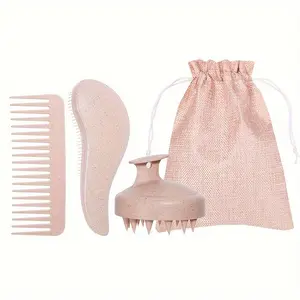 Wheat Straw Comb Set with Wide Tooth Comb, Scalp Massager, Hair Cleaning and Styling, Beauty Brushes, Detangling Hair Brush