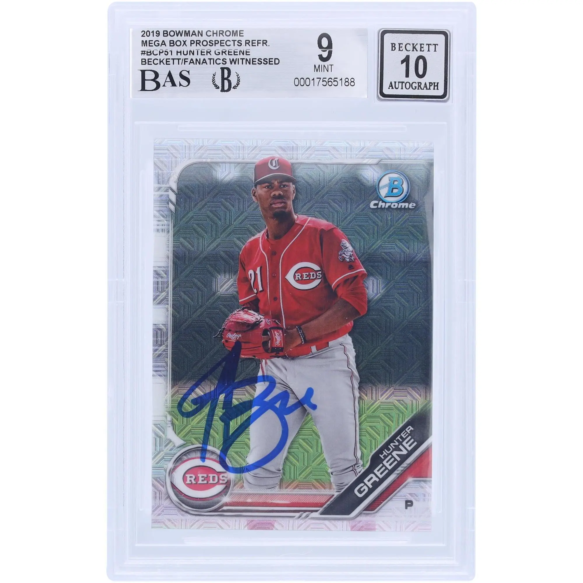 Hunter Greene Cincinnati Reds Autographed 2019 Bowman Chrome Mega Box Prospects Refractor #BCP51 Beckett Fanatics Witnessed Authenticated 9/10 Card - Fanatics Authentic Certified