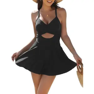 Women's One Piece Swimsuit V Neck Tummy Control Skirt Cutout Swimdress Color Block Bathing Suit Wrap Tie Back Swimwear Black M-2 Backup