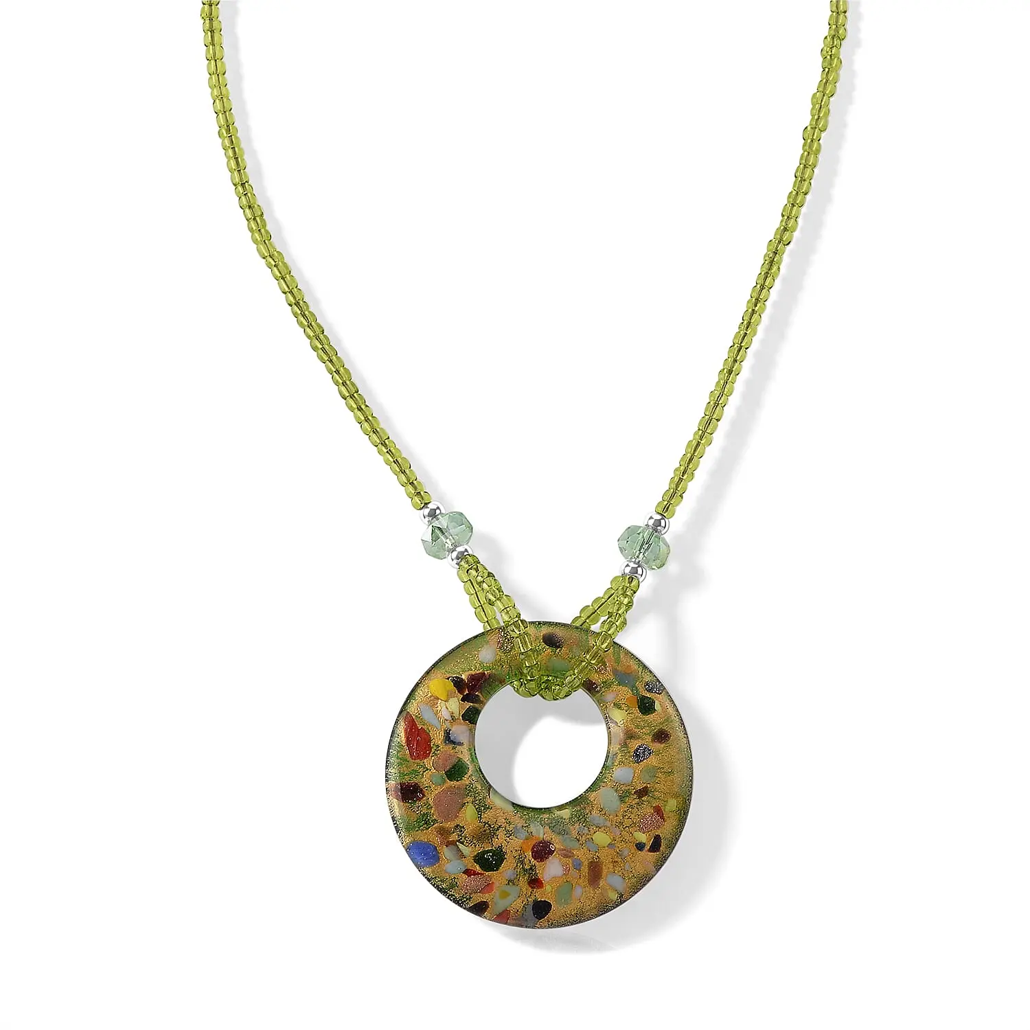 Multi Color Murano Style, Green Glass Circular Necklace (22.25-23.5 Inches) in Stainless Steel