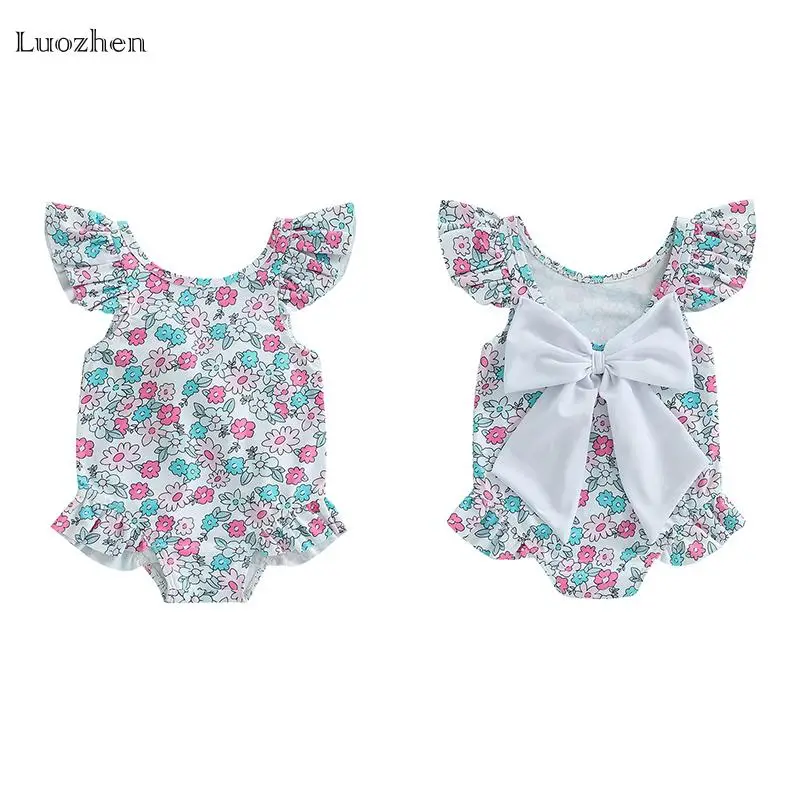Infant Girls Baby Sweet Cute Flying Sleeve Swimsuit Floral Print Round Neck Swimsuit Ruffled Beachwear