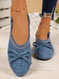 Fashion Denim Ballet Flats, Round Toe Fringe Bow Soft Sole Slip-On Loafers, Lightweight Casual Women's Single Shoes