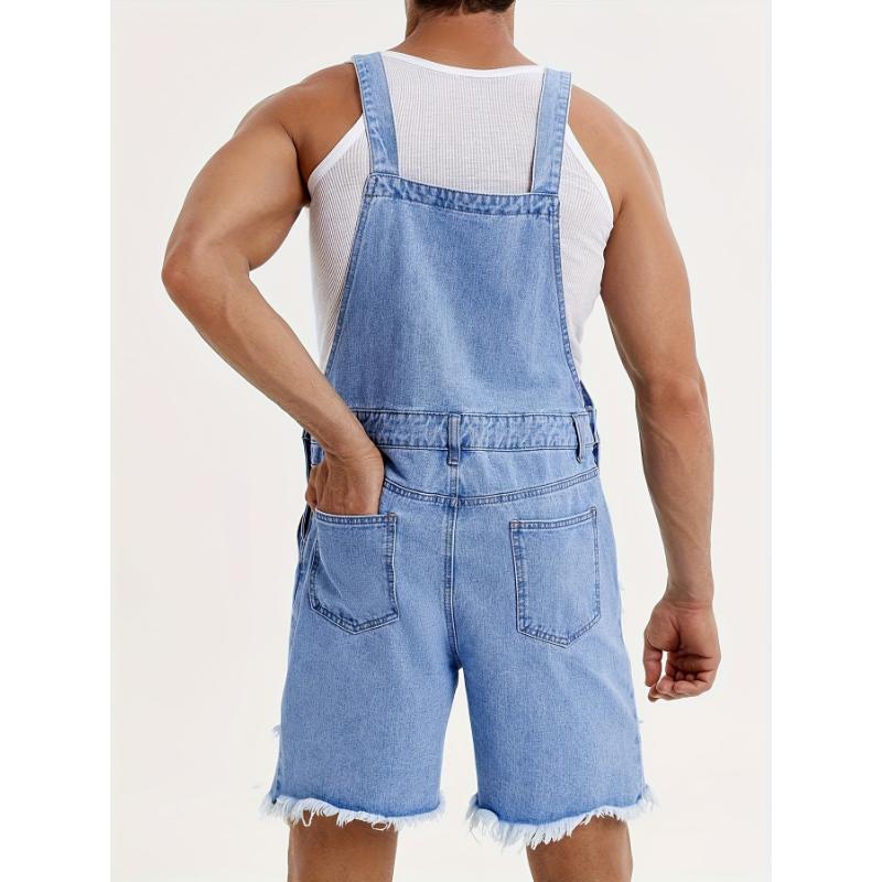 Mens Loose Fit Denim Romper Shorts - Stylish Bib Overall Design, Casual Walkshorts with Button Pockets, Comfortable Summer Jumpsuit for Outdoor Activities Perfect Vacation, Beach, or Daily Wear Cotton Menswear