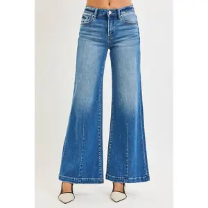 RISEN Full Size Mid Rise Wide Leg Jeans with Flared Look Plus Size Fashion Fit Womenswear Bottom Piece Stretchy Style Vintage Pants Trouser Streetwear Pockets Basic Minimalist
