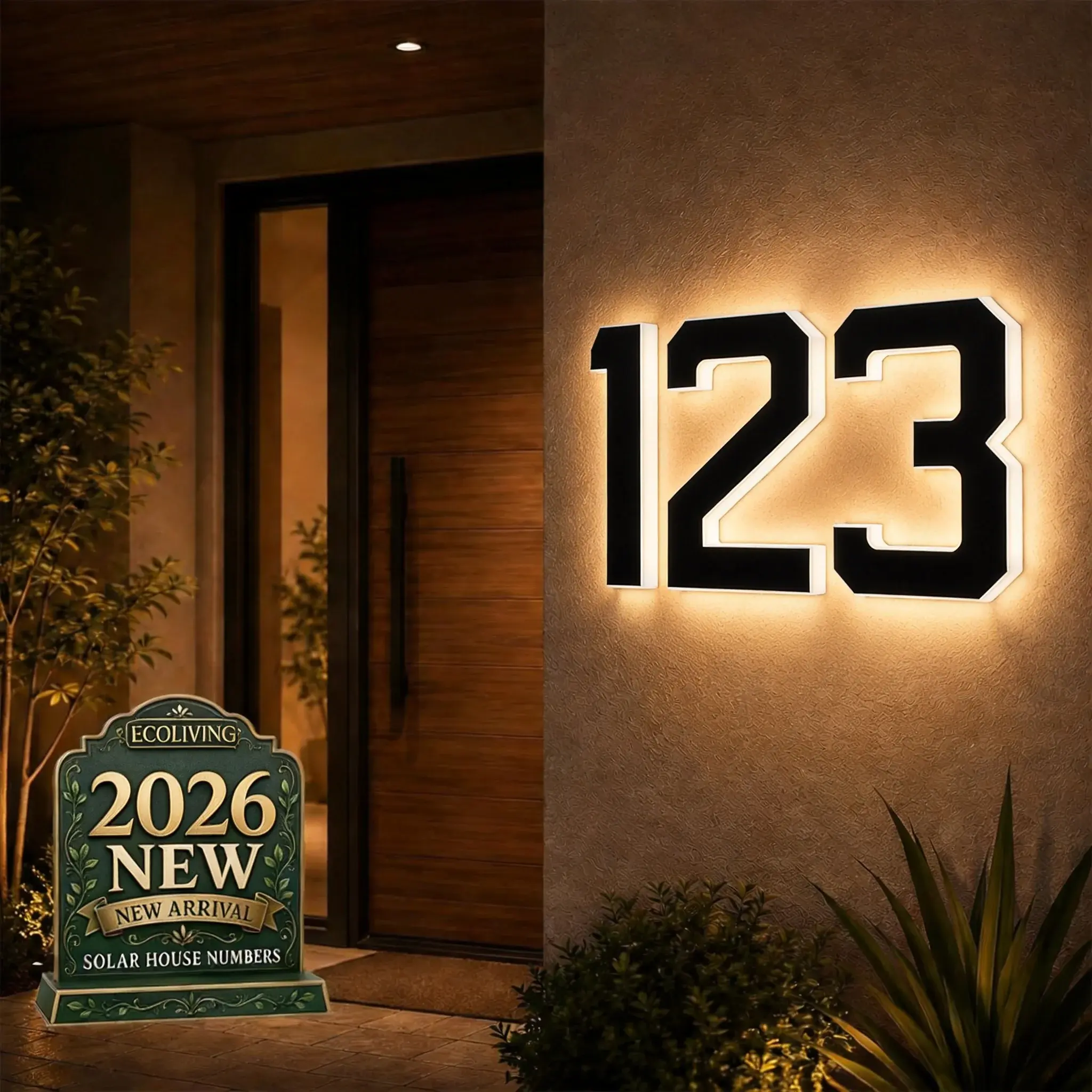 ECOLIVING Solar Lighted House Numbers 6.7 Inch, LED Backlit Address Sign, Waterproof Illuminated House Number Light for Outside Home Yard Porch, Modern Exterior Address Plaque for Houses Apartments Hotels (Numbers 0–9, 6.7 Inch)