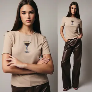 Espresso Martini Round Neck Rib Top | Women's Crewneck | Neutral Beaded Shirt | Short Sleeves | Cocktail | Tshirt | Gifts for Her