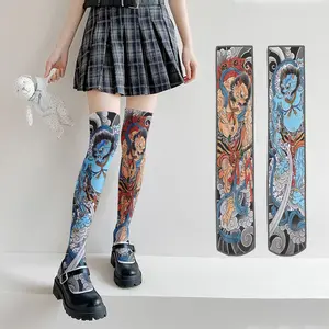 Japanese fashion thigh socks, 3D printed tattoo flower pattern sexy stockings sweet girl velvet calf socks