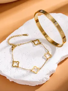 2 Piece Stainless Steel Bracelet Set, Fashionable Minimalist Bangle, Hollow Clover Design, Elegant Women's Jewelry, Daily Wear Accessory