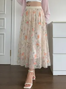 French Chic Floral Embroidery Mesh Skirt, High Waist Elastic Waist, Flowy Slimming Fairy Style, Versatile Half Skirt, Women