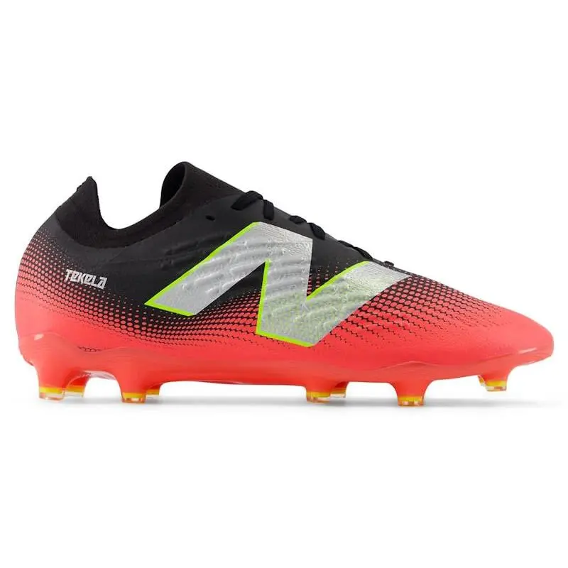 New Balance Tekela Magia V4+ Low Laced FG Black Energy Red Metallic Silver Firm Ground Soccer Cleats Football Boots Low Cut Lightweight Control Shoes Lace-Up Performance Cleats Synthetic Upper TPU Outsole Natural Grass Soccer Shoes Adult Unisex Football