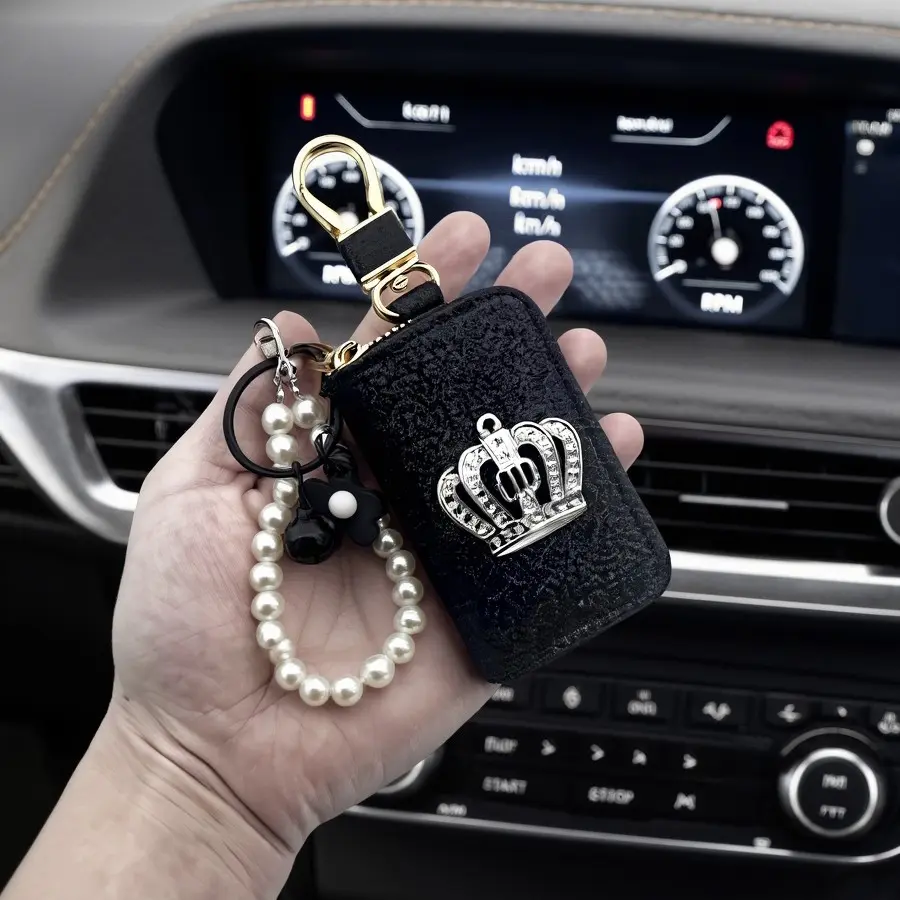 3-Piece Crown Pattern Car Key Holder Set, Home Key Case, Beaded Keychain, Floral Key Ring, Women's Automotive Accessories Decor, Girly Car Accessories, Car Key Accessory, Key Holder for Car