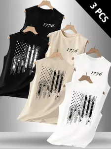 Men's Summer Casual Sleeveless Vest, Digital Flag Graphic Print, Outdoor Sports Wear, Daily Versatile, Athletic Outdoor Vests, 3 Pack Set