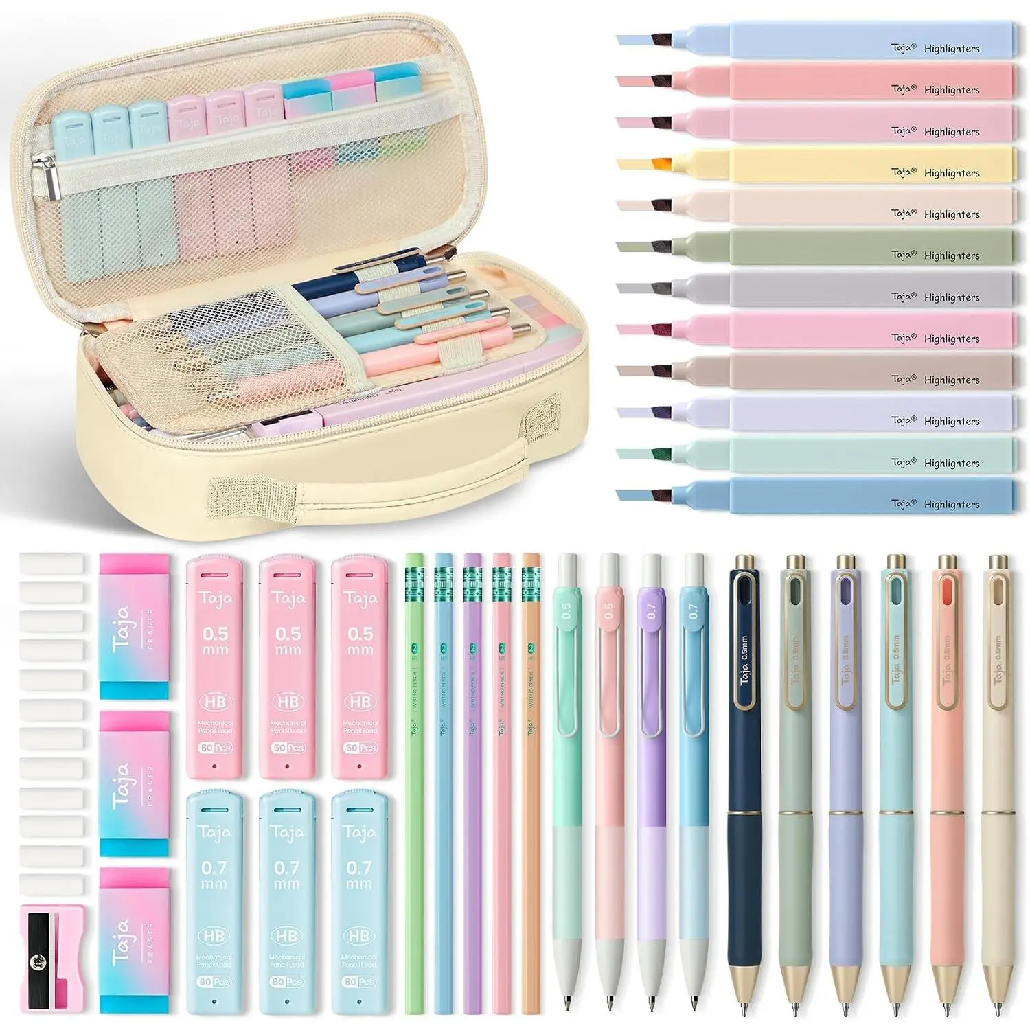 Taja 39 PCS Aesthetic Stationery Set with Cute Pencil Case, 6 Black Ink Gel Pens, 12 Pastel Highlighters, 5#2 HB Pencils, 4 Mechanical Pencils, Back to School Supplies for Students - Beige