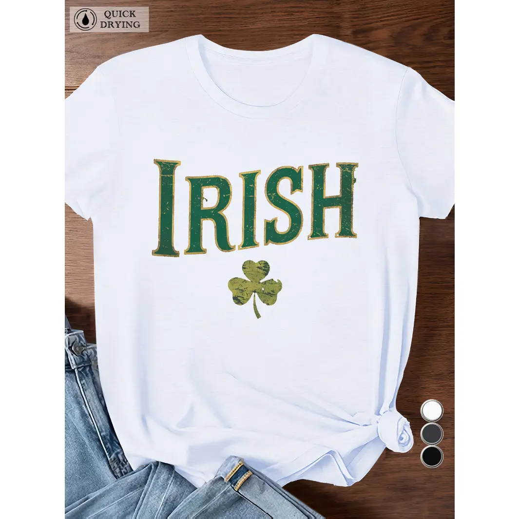 Lady's Irish Graphic Cotton Short-Sleeve Round Neck T-Shirt, St. Patrick's Day Shamrock Vintage Letter Print, Casual Streetwear Spring Everyday Top, Shortsleeve, Tshirt