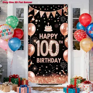 1pc 2D flat banner,100th Birthday Door Cover Rose Gold Black Banner With Balloons Cake Confetti And Glitter For Party Decorations Backdrop Shimmer Wall Backdrop Sign For Lady Photo Booth Prop Wall Decor