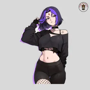 Goth Raven Anime Girl Sticker – Raven Purple Hair, Dark Aesthetic, Fishnet Fashion, Teen Titans Inspired