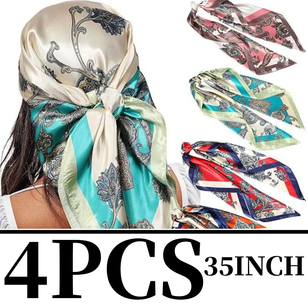 4 Pack Satin Hair Scarves for Women, 35" Large Silk-Like Square Scarf Bandana, Fashion Shawl Wrap for Head, Neck & Sleeping