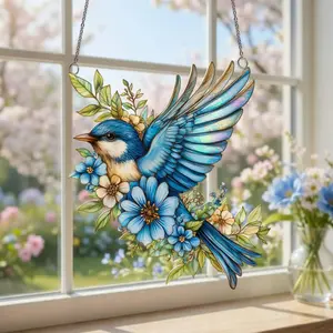 Bluebird Acrylic Suncatcher - Light, Glossy Faux Stained Glass Floral Ornament, Adorable Hanging Decor, Decorated Flying Bird Window Hanging, Spring Garden Home Decor, Mother’s Day Gift