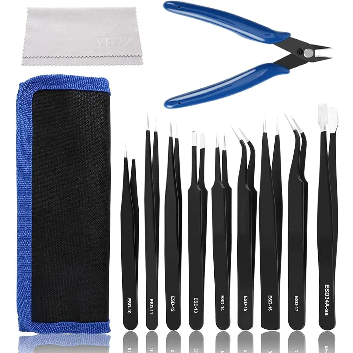 Precision ESD Tweezers & 170   (1PC), Anti-Static ESD Tweezers Set Kit with Bag+  Diagonal  Pliers for Electronics, Sodlering,, Craft, Laboratory Work