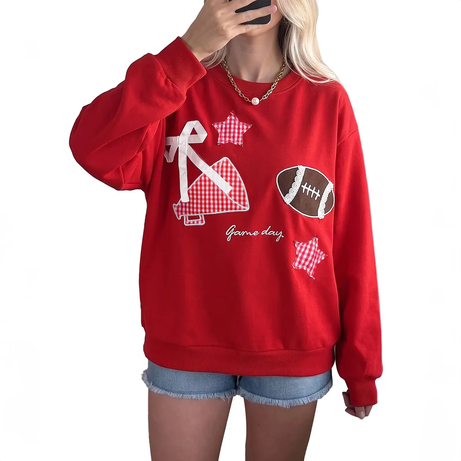 Hotapei Game Day Football Graphic Crewneck Sweatshirt Women Cute Preppy Gingham Star & Cheerleader Megaphone Patch Bow Long Sleeve Pullover Top Casual Loose Fit Sporty Sweatshirt For Football Match Holiday Daily Outdoor Street Wear Two Colors Available