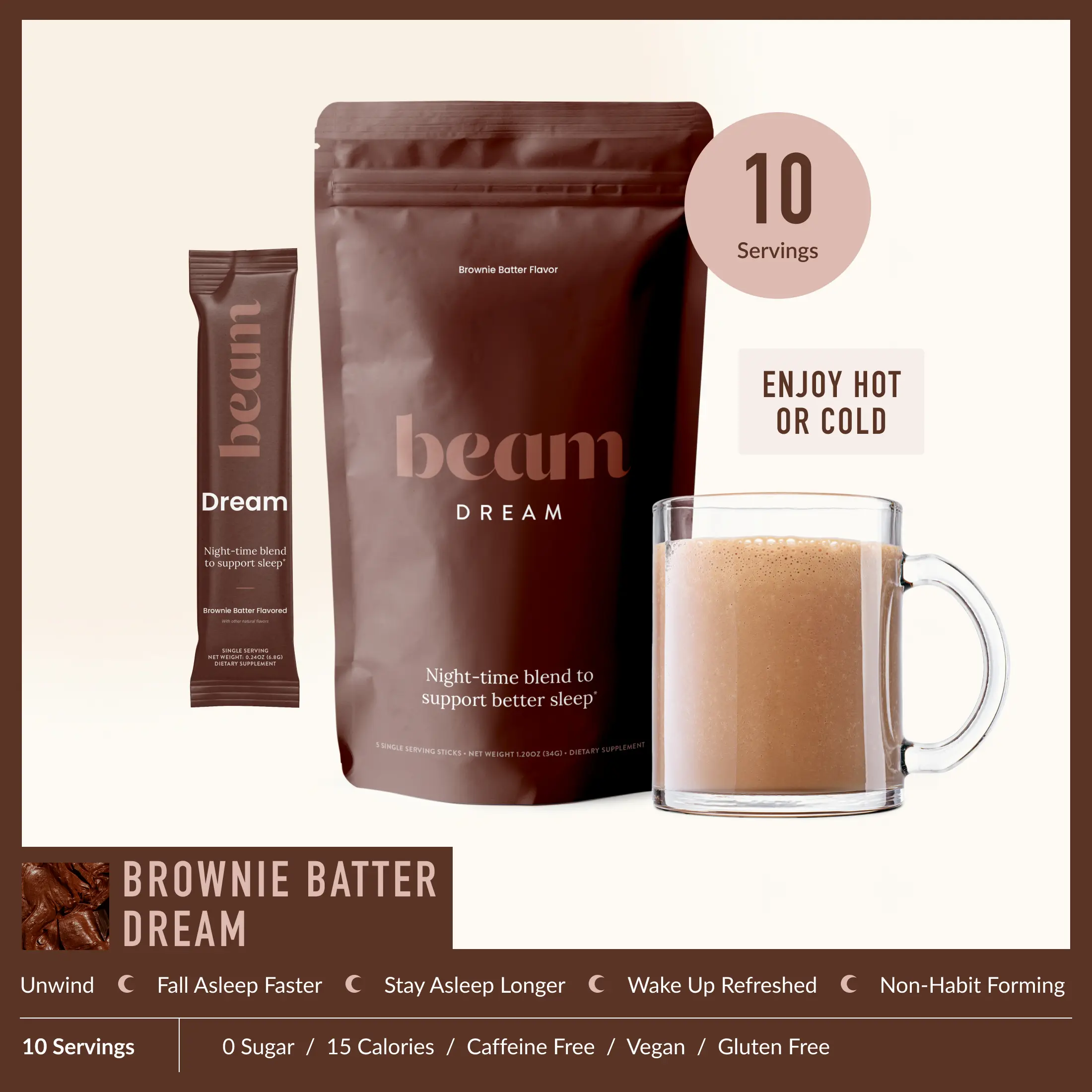 Beam Organics Dream Nighttime Hot Cocoa Powder - 10 Servings Organic Dairy-Free Self-Care Supplement, Melatonin Sleep Aid with L-Theanine, Magnesium, No Added Sugar (Cinnamon Cocoa, Brownie Batter, Sea Salt Caramel), Dairy Free Supplement, Chocolate, Low,