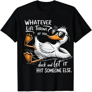 Funny Cool Duck Graphic T-Shirt for Men & Women – “Duck and Let It Hit Someone Else” Vintage Humor Tee, Sunglasses Duck Cartoon Print, 100% Cotton Soft Breathable Streetwear