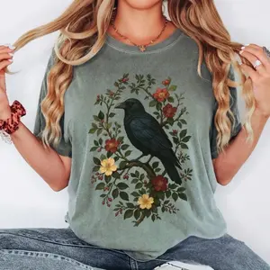 Comfort Colors Vintage Raven TShirt, Gothic Cottagecore Tee, Crow and Floral Graphic Top, Dark Nature TShirt, Witchy Aesthetic Gift, Retro Bird Tee