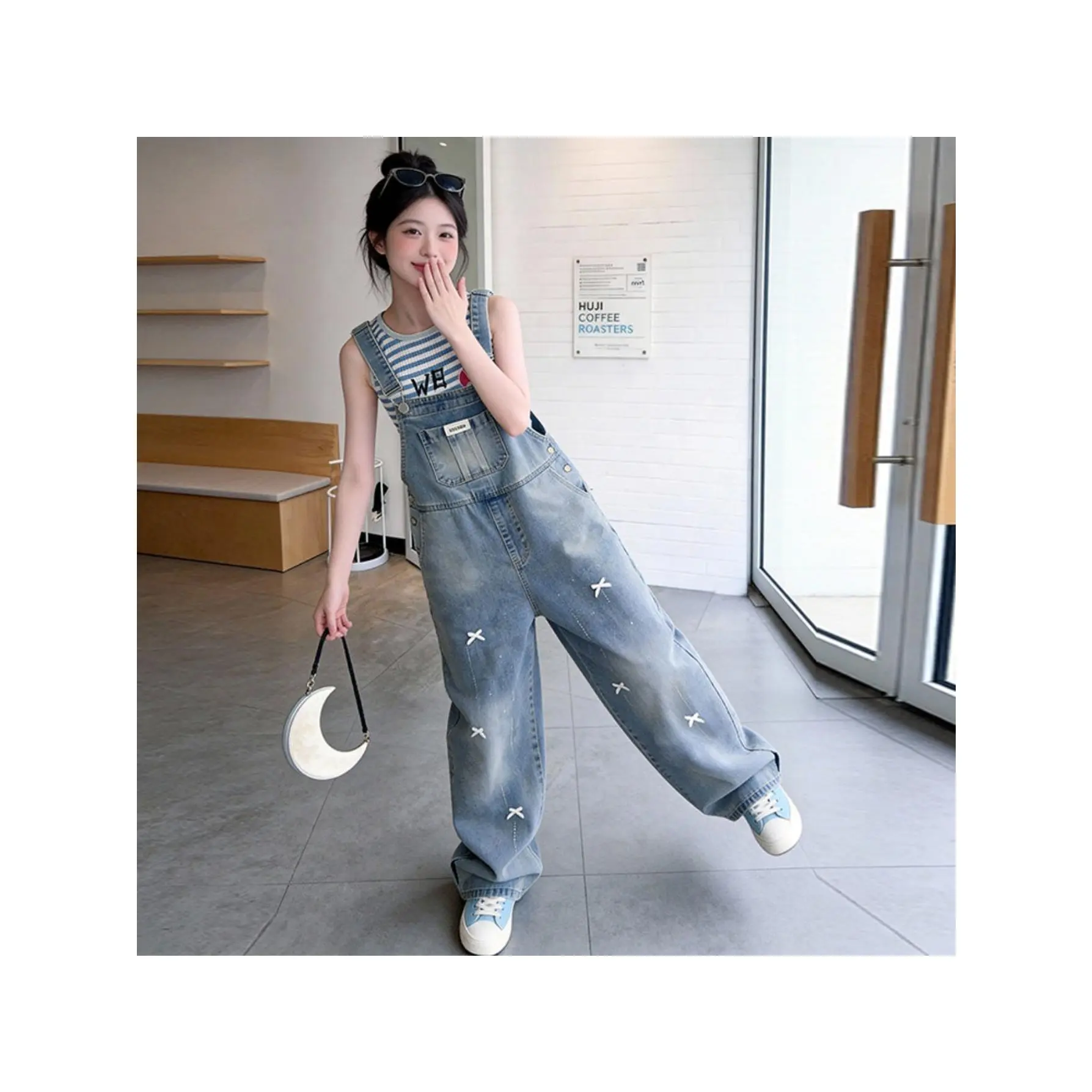 Girls' Gradient Washed X Embroidered Denim Overalls Loose Wide-Leg Casual Youthful Overalls for Children