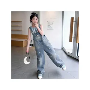 Girls' Gradient Washed X Embroidered Denim Overalls Loose Wide-Leg Casual Youthful Overalls for Children