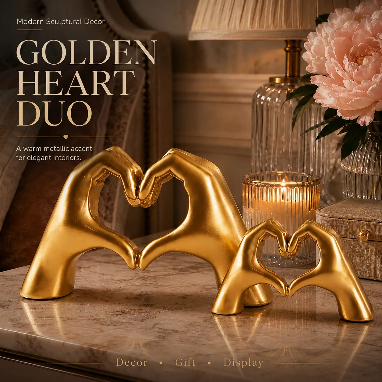 Golden Heart Hand  Resin Sculpture, 2 Sizes, Modern Decorative Accent for Living Room, Bedroom, Shelf, Desk & Home Office, Romantic Gift for Couples