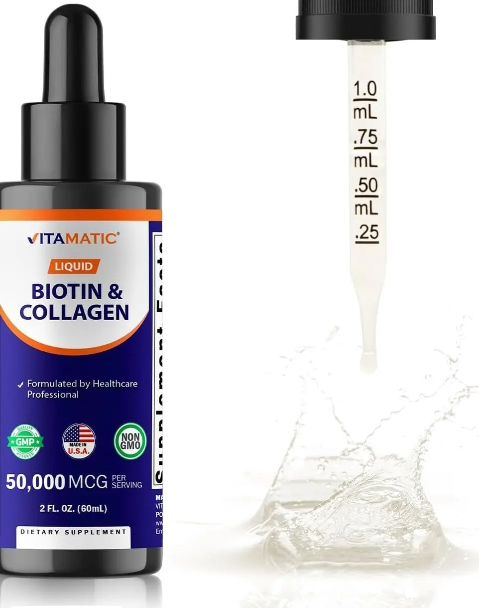 Vitamatic Liquid Biotin & Collagen Drops – 50,000 mcg – 2 fl oz Supports Healthy Hair Growth, Glowing Skin & Strong Nails – for Women and Men