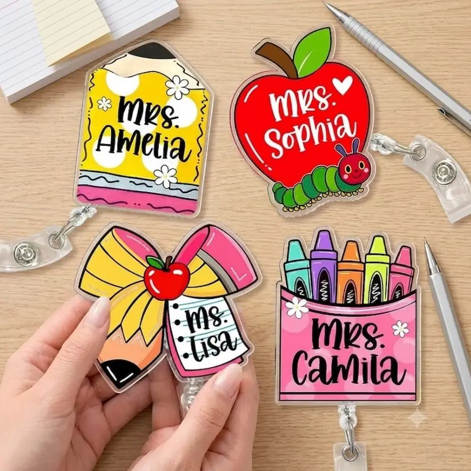Personalized Teacher Badge Reel, Custom Name Apple Pencil Crayon Badge Holder, Cute Acrylic Retractable Badge Clip,Teacher Appreciation Gift ( Belt Clip)