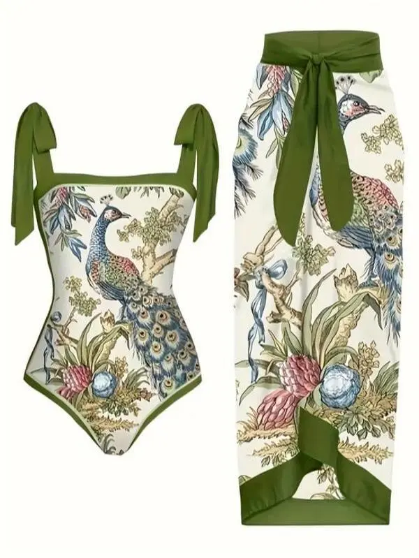 Women's 2-Piece Elegant Beach Bathing Suit Set: Vintage Peacock Floral Print Tie-Strap 1-Piece Swimsuit with Matching Knot-Wrap Sarong Cover-Up Skirt