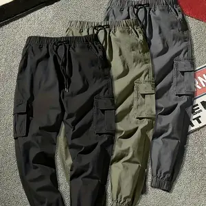3pcs Men's Casual Cargo Pants - Solid Color, Multi-Pocket Design, Drawstring Waist, Polyester Fabric for Outdoor & Streetwear (Black, Olive Green, Beige) Tactical Joggers Fitness Trousers
