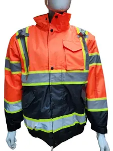 NEW High Visibility Reflective Orange with black bottom bomber safety rain jacket with sherpa insulation / water resistant orange rain jacket (see sizing information on description)