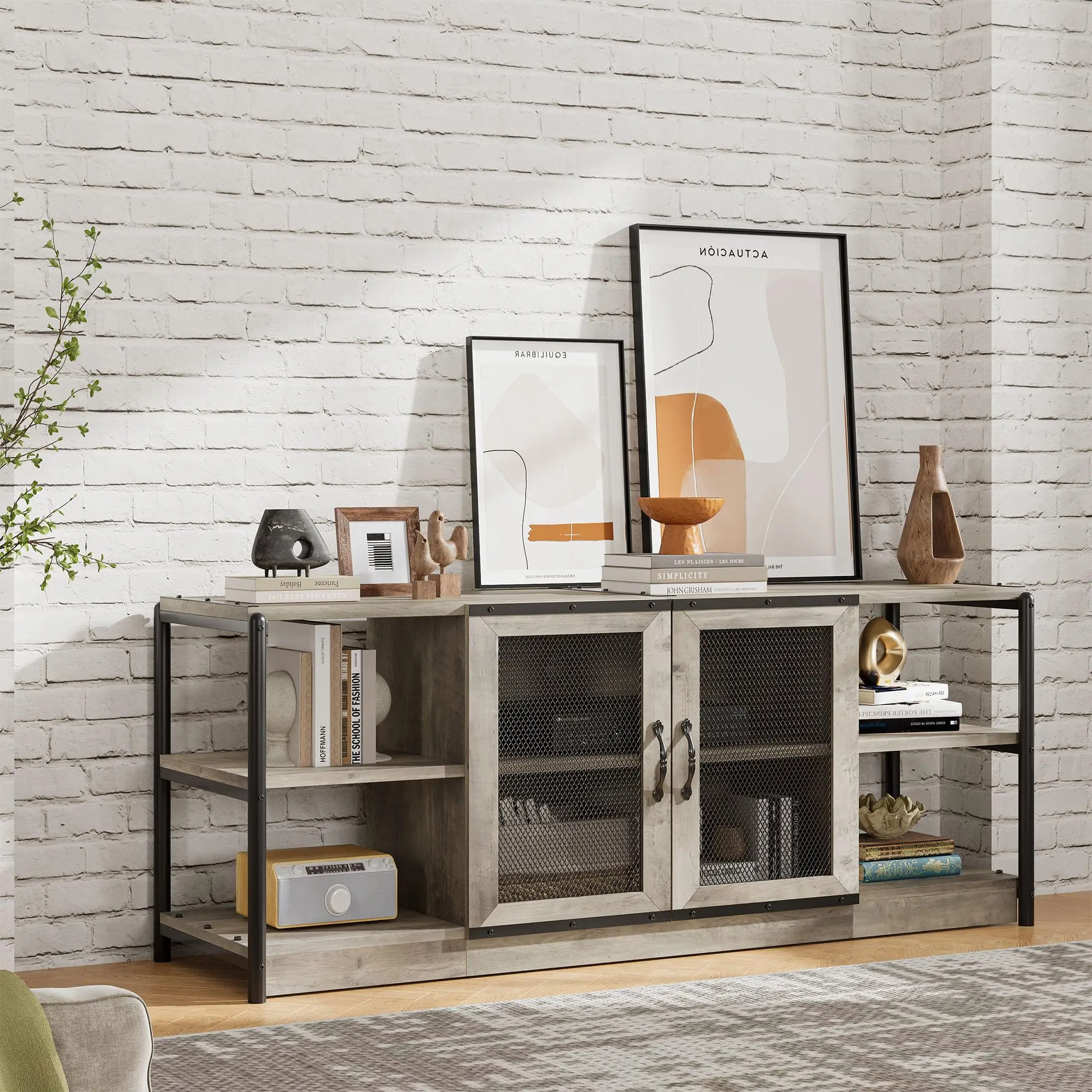 Summervibes Flash sale home items Industrial Farmhouse TV Stand for 65+ Inch TV - Gray Media Console with Mesh Doors & Adjustable Shelves - Heavy-Duty Metal Frame - Practical Entertainment Center for Living Room, Tv Stand With Storage, Modern Tv Stands Fo