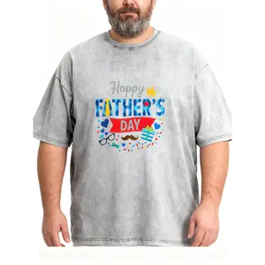 Men's Plus Size Colorful Happy Father's Day Party Print Washed T-Shirt, Festive Dad Tee