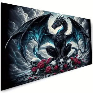 Vibrant Dragon And Skull Gothic Art Landscape Wall Art 5D Diamond Painting Kit - DIY Full Drill Round Acrylic Diamond Art Kits Mosaic Craft For Home Decor 70x40cm(28x16inch)