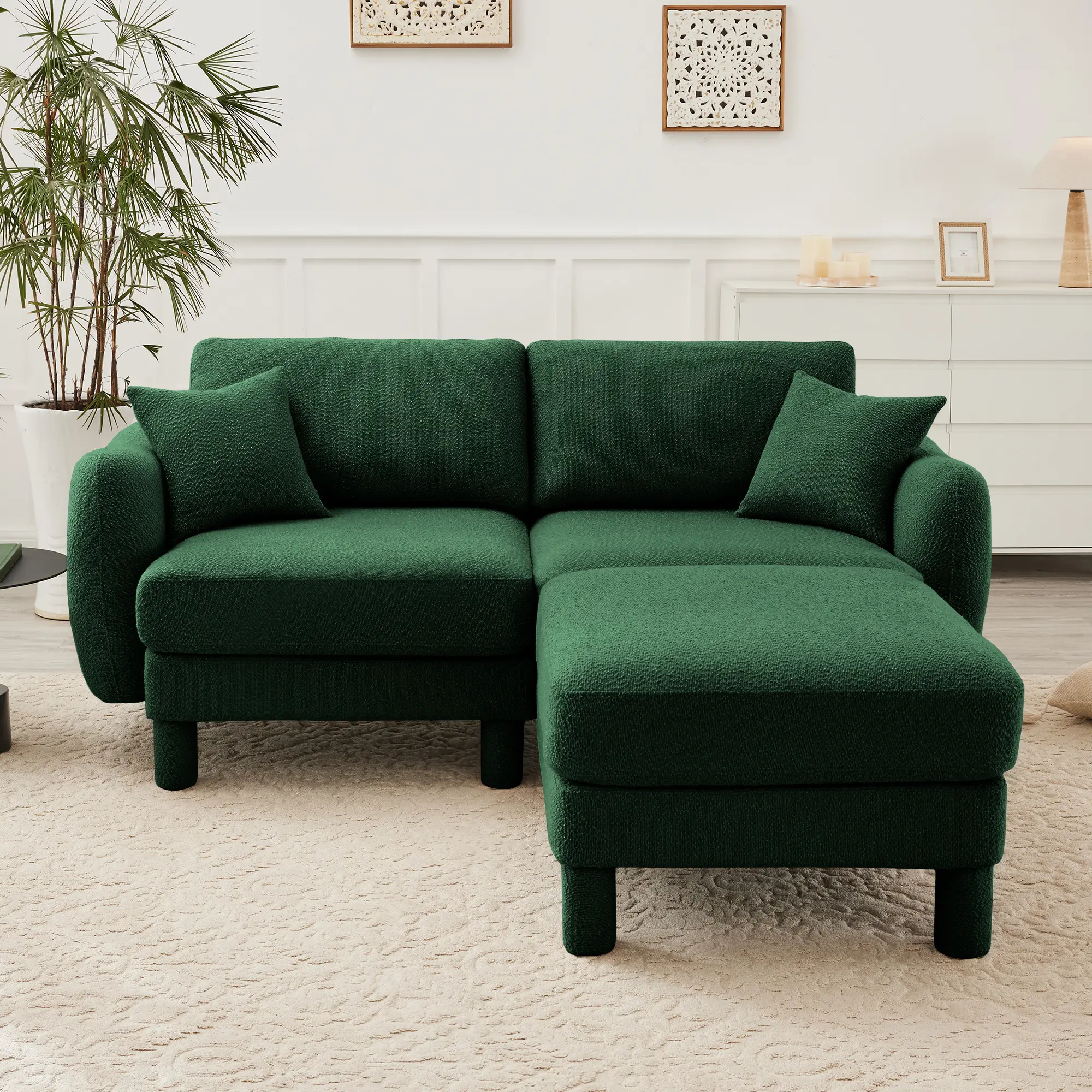 Boucle Fabric 2-Seater Loveseat Sofa Couch with Shell-Shaped Armrests, Removable Ottoman, Cylindrical Self-Fabric Wrapped Legs, Green, Living Room Furniture, Living Room Furniture for Apartment, Lounge, Family Room, Office and Home Seating