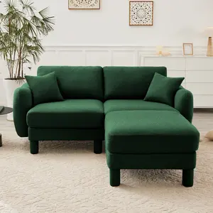 Boucle Fabric 2-Seater Loveseat Sofa Couch with Shell-Shaped Armrests, Removable Ottoman, Cylindrical Self-Fabric Wrapped Legs, Green, Living Room Furniture, Living Room Furniture for Apartment, Lounge, Family Room, Office and Home Seating